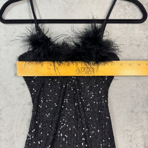 Sequins Mini Dress Black Feather Trim Glam Party Coquette Party Y2K Stretch Sz S - Picture 11 of 12